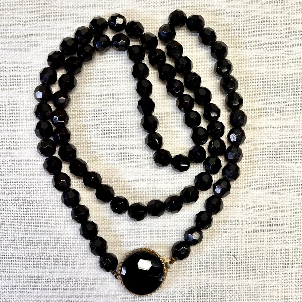 Vintage Jet black faceted glass necklace bead necklace w/ large central pendant